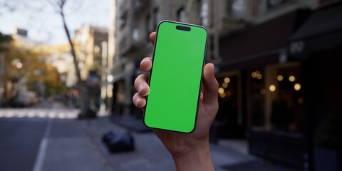 Hand holding a smartphone with a green screen on an urban city street background - 757300860