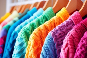 Bright and colorful knitted sweaters hanging on hangers close-up