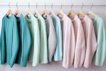 Pastel-colored knitted sweaters hanging on hangers against clean white wall