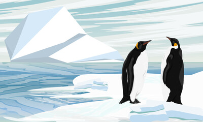 Emperor penguins stand on the ocean and look at a large iceberg. Birds of the South Poles. Realistic vector landscape