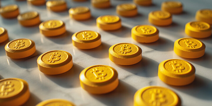 Bitcoins coins stack as pills, concept of stock market exchange or financial technology. Pills tab to don't be poor concept.