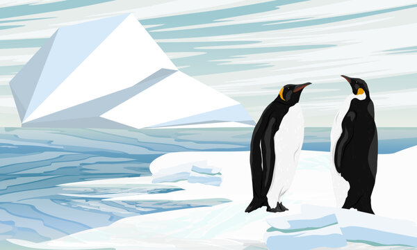 Emperor penguins stand on the ocean and look at a large iceberg. Birds of the South Poles. Realistic vector landscape