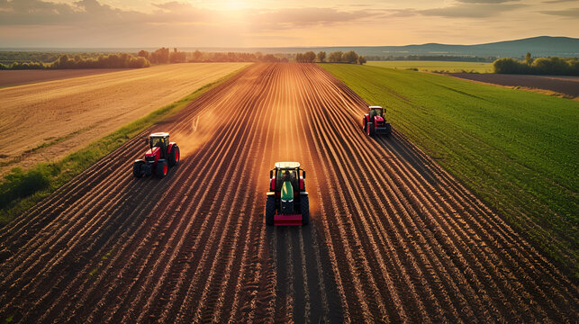 Row of tractors and agricultural machinery drives along the road, surrounded by cultivated fields. generative ai