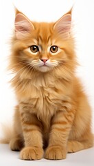 Fototapeta premium Fluffy adorable kitten illustration on white backdrop, charming feline pet portrait