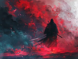 Epic Samurai Nightmare: Abstract background evoking the tension and dread of a samurai horror movie with haunting visual elements.