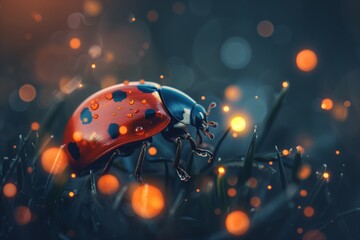 ladybug walking through the dew covered grass at sunset - obrazy, fototapety, plakaty
