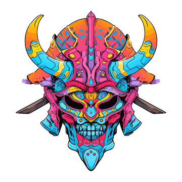 recommend clip art: Japanese Samurai horned skull head character design. Vector illustration of modern colorful ghost mask. For printing t-shirts, stickers, clip art, mascots. Isolated on white background.