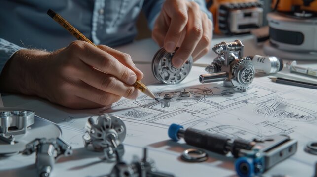 Engineer technical drawings and mechanical parts engineering industry work project paper prints. Projectant hand with pencil, measuring tools on table.