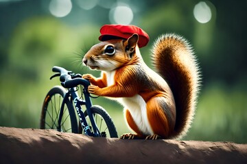 squirrel on the bicycle - obrazy, fototapety, plakaty