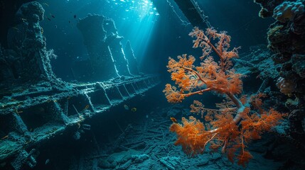 Undersea Wonder: Illuminated Coral and Ship Skeleton in the Depths of the Ocean - obrazy, fototapety, plakaty