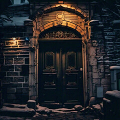 Old wooden door in a snowy winter night. Old door in the old town.