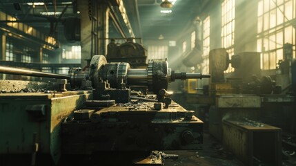 industrial background of caucasian mechanics engineer operating lathe machine for metalwork in metal work factory