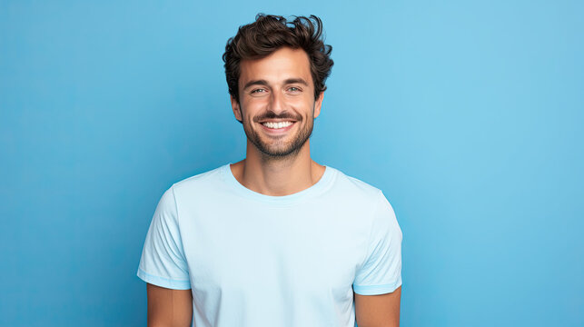 Handsome young man smiling while standing against blue background