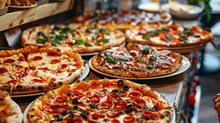 Various types of pizza on a table