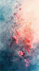 Delicate pink flowers dance gracefully against a serene blue background in a captivating painting of natures beauty