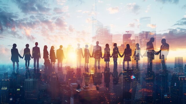 Experience the power of teamwork and partnership in the urban skyline, where people come together in unity, fostering bonds of friendship, equality, and collaboration.