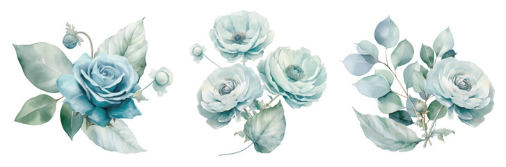 Set watercolor blue roses floral roses bouquet. Wedding concept a white background - 757303626