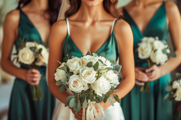 Bridal party holding ivory rose bouquets, dressed in emerald green silk gowns, capturing a moment of elegant celebration