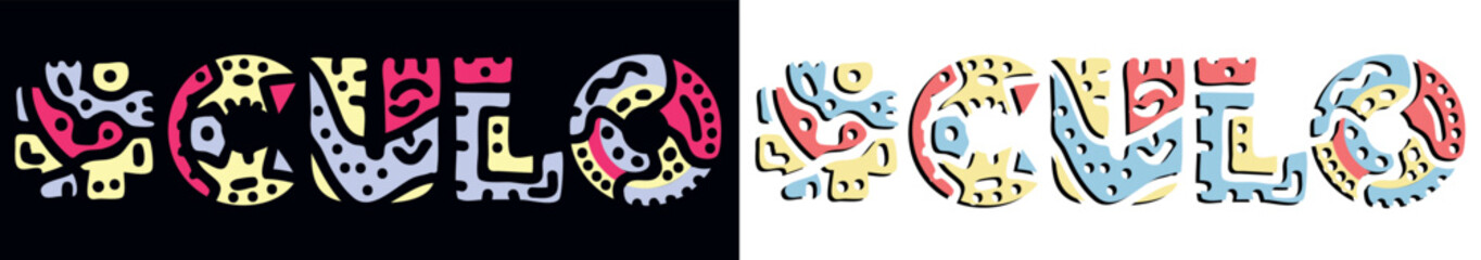 CULO Hashtag. Doodle isolate text. Colored curves decorative doodle letters. Folk artwork style. Adult Hashtag #CULO for print, booklet, banner, flyer. Stock vector.