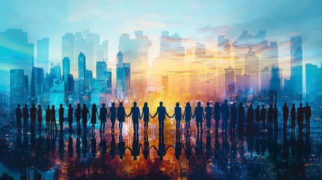 Witness the beauty of unity and diversity as the sun sets over the skyline, where people join hands in solidarity, embodying hope, friendship, and a strong sense of community.