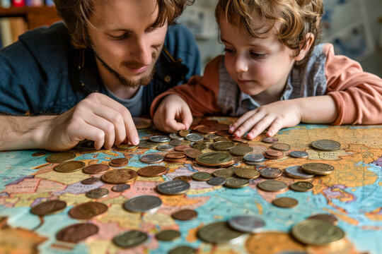 Adult and child engrossed in sorting a collection of internation