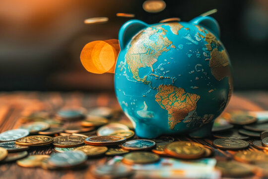 A unique ceramic piggy bank designed as a globe, surrounded by a