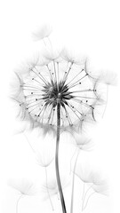Dandelion with flying fluffs on a white background. Minimalistic black and white illustration.