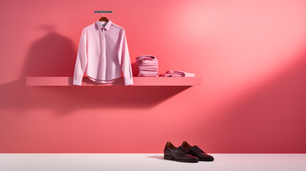 A neatly organized pink wall showcasing a hanging shirt and shoes, perfect for a fashion retail setup, product presentations	