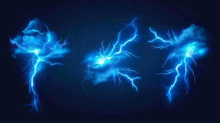 Fototapeta na wymiar Realistic 3D modern bolts set isolated on black background. Sound of lightning, electric thunderbolt strike, impact, crack, magical energy flash.