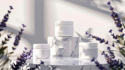 White containers with blank labels for cosmetics, cream, lotion, scrub, aroma oil on marble podium, lavender flowers on light background. Mockup presentation of natural eco cosmetics