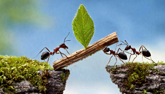 Cuatro hormigas llevando comida, fruta pasan por sobre de un acantilado