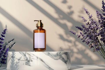 Mockup presentation of natural eco cosmetics. Brown cosmetic container with clean label and dispenser on marble podium, lavender flowers on a light background. 3d illustration
