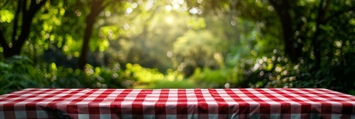 A bright, sunny ambiance highlights a red and white gingham tablecloth ready for a picnic - obrazy, fototapety, plakaty