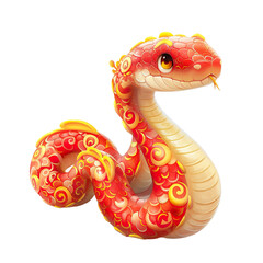 concept art of a cute chinese snake. Red and yellow color scheme,flowers, white background PNG