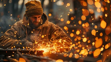 The worker is building a fence near the orange sparks.