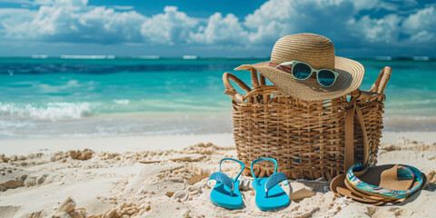 Vacation essentials laid on a sandy beach with the ocean horizon in view,