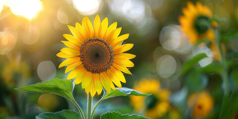 A striking sunflower stands tall against a backdrop of soft, shimmering bokeh during the warm golden hour