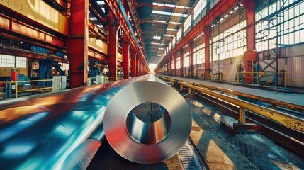 Panoramic photo shot of roll of painted galvanized steel sheet at cutting machine, ironworks and metalwork in factory. Plant concept. - Powered by Adobe