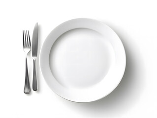 white plate with knife and fork isolated on white background