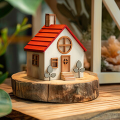 Beautiful model of a wooden house closeup and copy space