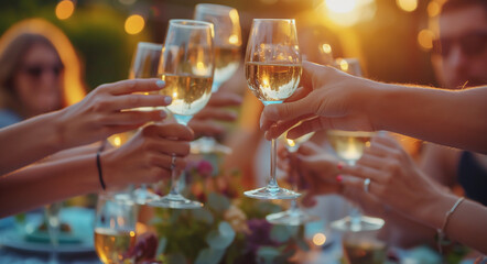 moment of celebration where multiple glasses of when from cheerful individuals are toasting with wine glasses durring golden hour - obrazy, fototapety, plakaty