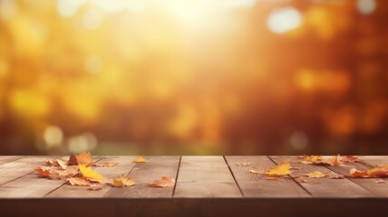 Naklejka na ściany i meble Empty wooden background with autumn blurred background