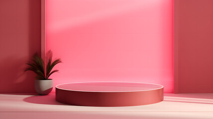 A clean, bright pink stage with a prominent circular platform highlighted by soft lighting, accented with a singular green potted plant in a minimalistic setting, product presentations	