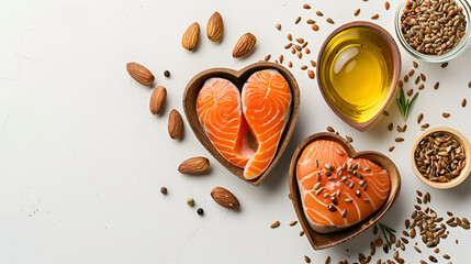 Healthy Fats for Heart, Top View of Nutritious Foods Rich in Omega-3 and Omega-6 Fatty Acids,...