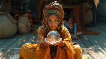 Mystical fortune teller with crystal ball in a bohemian setting, conveying a sense of magic and mystery.