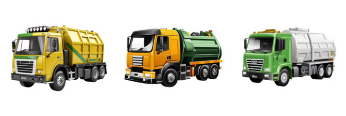 Set of garbage truck isolated on transparent background