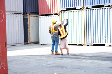 Male engineer and female engineer wearing safety helmets working at container industry.