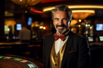 Fototapeta premium Luxurious restaurant casino las vegas vip night Generative AI poker slots cards roulette players gamers.