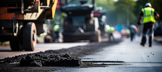 Male worker lays asphalt road repair road paving
