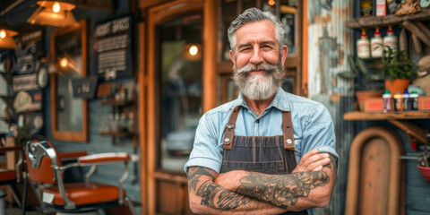 Cheerful Bearded Senior Shopkeeper in Apron Standing at Entrance